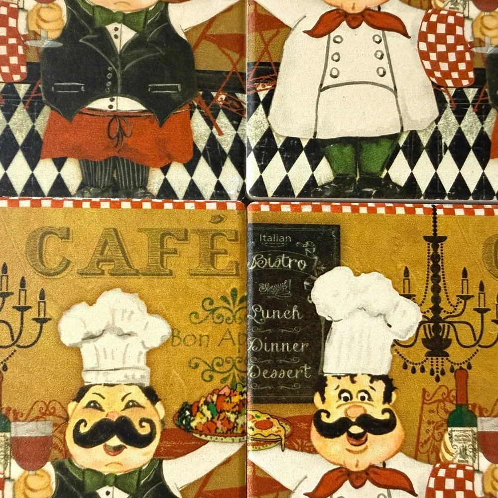 VTG Ceramic Coasters Italian Chef Cafe Design Cork Back Kitchen Decor Set of 4